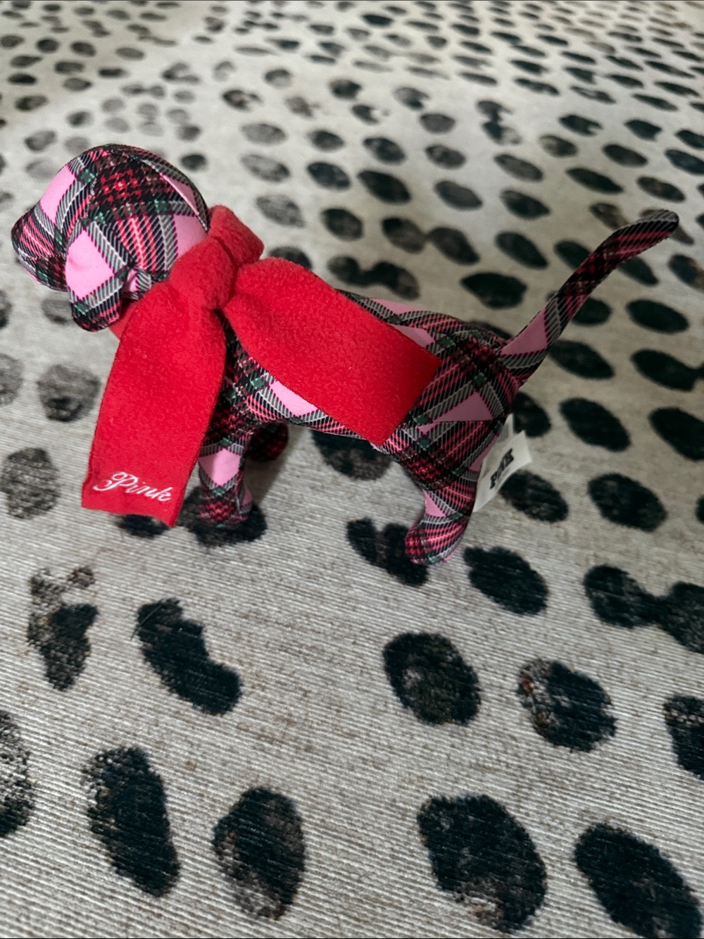 PINK Victoria's Secret Pink & Red Plaid Dog Figurine with Red Bow